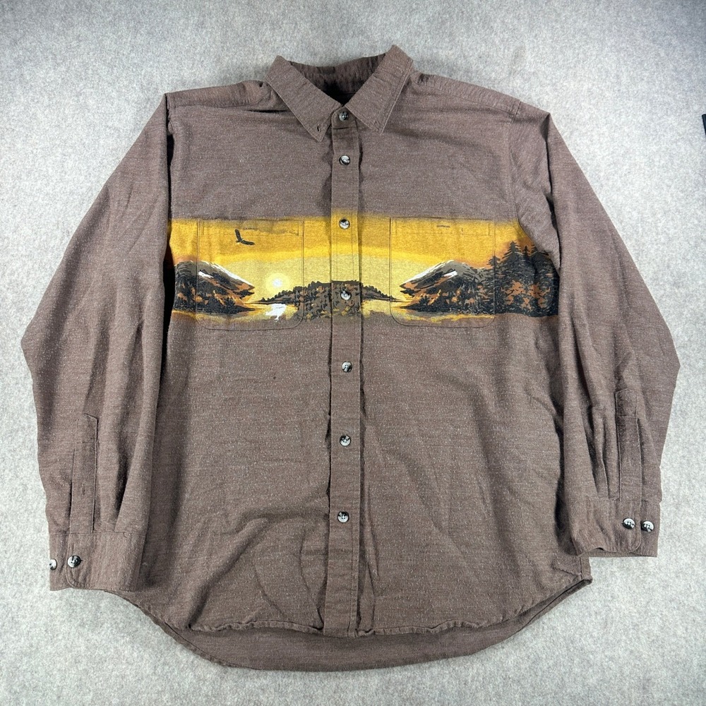 Scandia Woods Mens Scenic Mountain Print Flannel Shirt Brown Size Large Tall